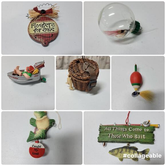 Lot of 7 Unique Vintage Fishing Ornaments-Bobbers , Boat ,Creel,and Signs Decor - Picture 1 of 10